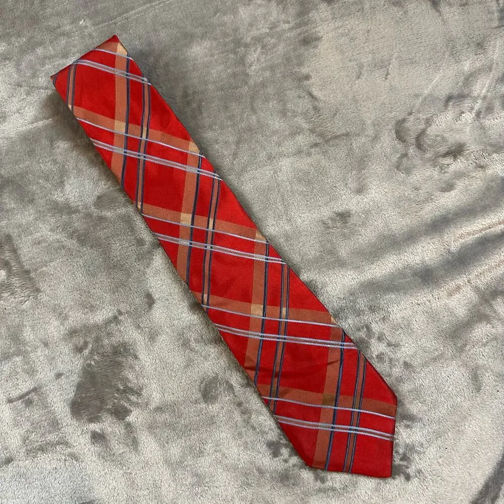 Ike Behar New York Silk Tie Red Tartan Plaid Blue